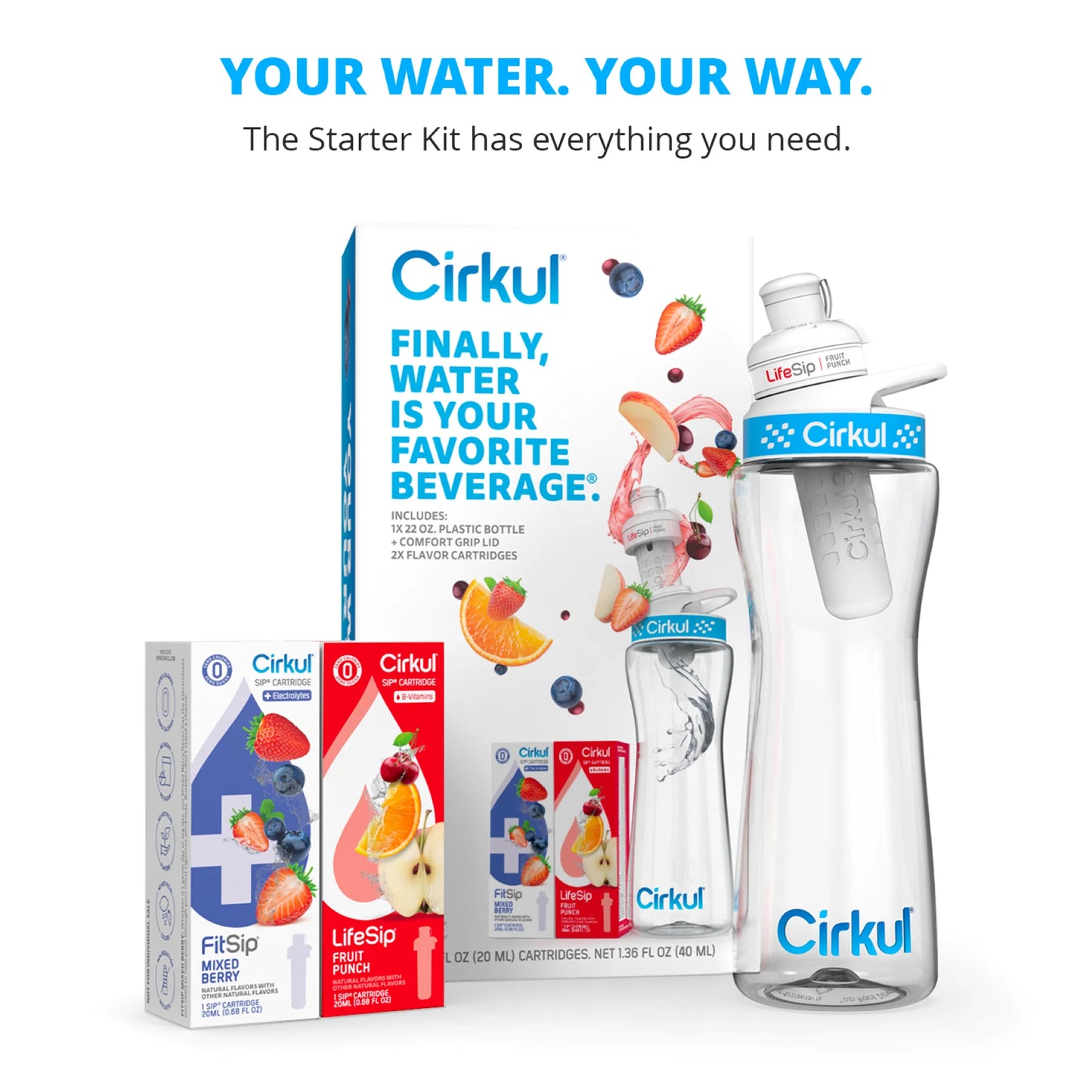 22 Oz Plastic Water Bottle Starter Kit with Blue Lid and 2 Flavor Cartridges (Fruit Punch & Mixed Berry)